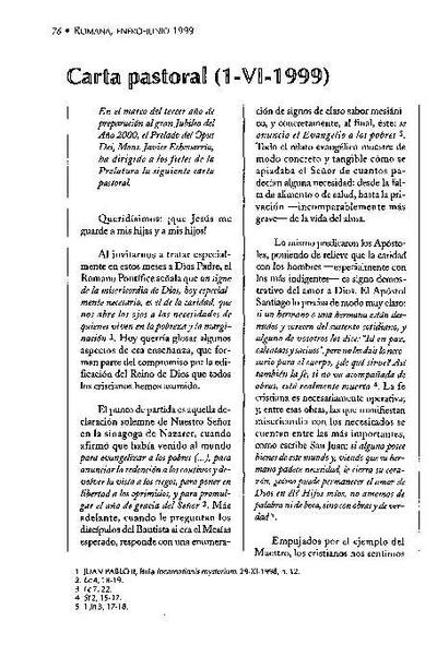 Carta pastoral (junio 1999). [Journal Article]