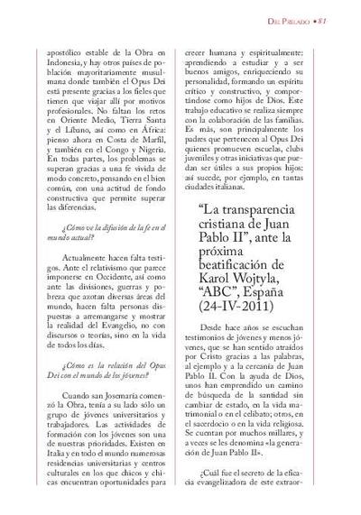 'La transparencia cristiana de Juan Pablo II, ante la próxima beatificación de Karol Wojtyla', «ABC», España (24-IV-2011). [Journal Article]