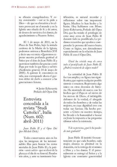 'Juan Pablo II y el Opus Dei' (por Michele Dolz). Entrevista concedida a la revista «Studi cattolici», Italia (núm. 602, abril 2011). [Journal Article]