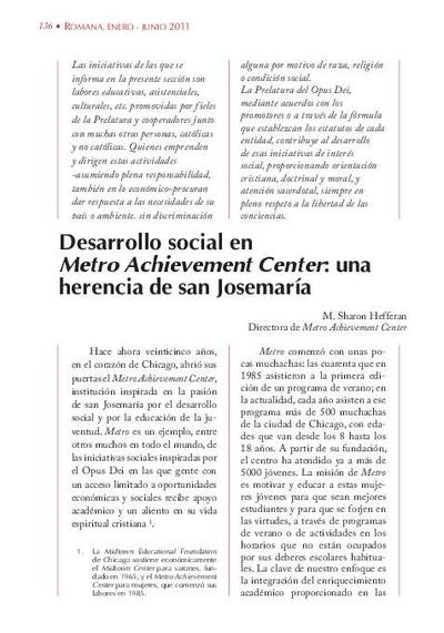 Desarrollo social en <i>Metro Achievement Center</i>: una herencia de san Josemaría. [Journal Article]