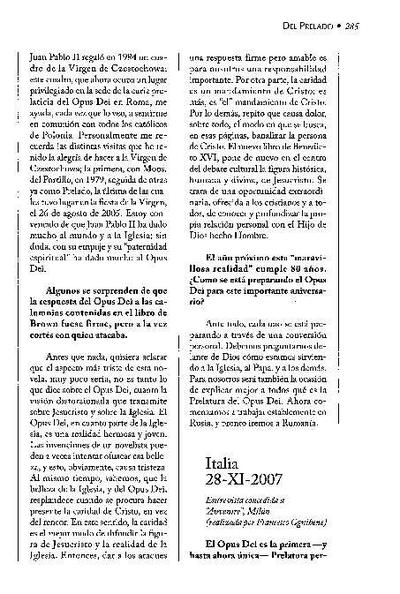 Entrevista concedida a «Avvenire», Milán. Italia (28-XI-2007) [realizada por Francesco Ognibene]. [Artículo de revista]