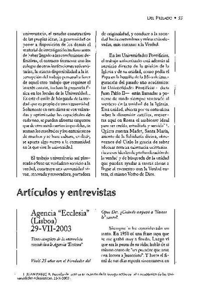 Texto completo de la entrevista concedida a la Agencia «Ecclesia», Lisboa (29-VII-2003). [Artículo de revista]