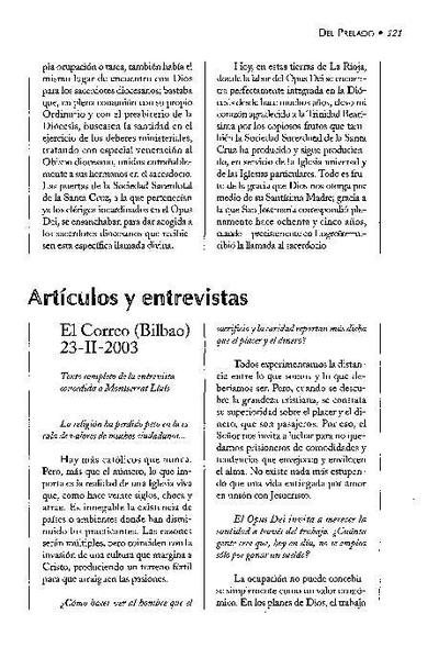 Texto completo de la entrevista concedida a Montserrat Lluís, «El Correo», Bilbao (23-II-2003). [Artículo de revista]