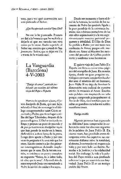 «Testigo de amor», artículo publicado con ocasión del último viaje del Papa a España, «La Vanguardia», Barcelona (4-V-2003). [Artículo de revista]