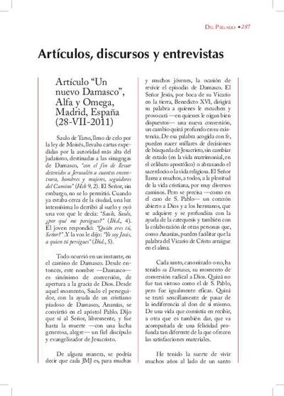 Artículo 'Un nuevo Damasco', «Alfa y Omega», Madrid, España (28-VII-2011). [Artículo de revista]