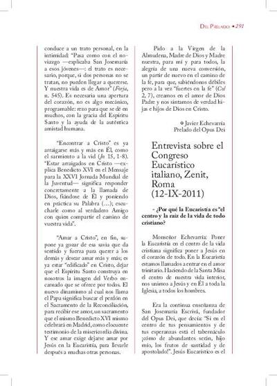 Entrevista sobre el Congreso Eucarístico italiano, «Zenit», Roma (12-IX-2011). [Journal Article]