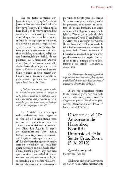 Discurso en el 10º Aniversario de Harambee, Pontificia Universidad de la Santa Cruz, Roma (5-X-2012). [Journal Article]