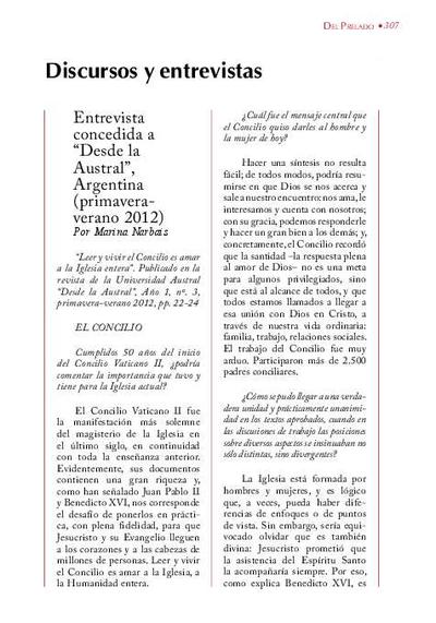 Entrevista concedida a «Desde la Austral», Argentina (primavera-verano 2012) [Entrevista realizada por la Universidad Austral]. [Journal Article]