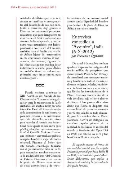 Entrevista concedida a «Avvenire», Italia (6-X-2012) [Entrevista realizada por Francesco Ognibene]. [Artículo de revista]