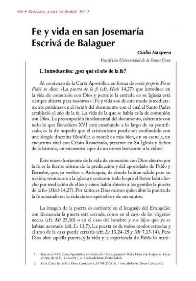 Fe y vida en san Josemaría Escrivá de Balaguer. [Journal Article]