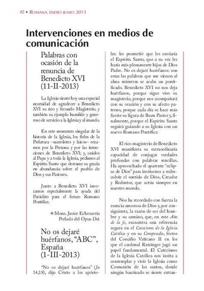 'No os dejaré huérfanos', «ABC», España (1-III-2013). [Artículo de revista]