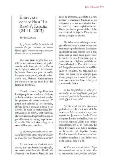 Entrevista [realizada por José Beltrán] concedida a «La Razón», España (24-III-2013). [Journal Article]