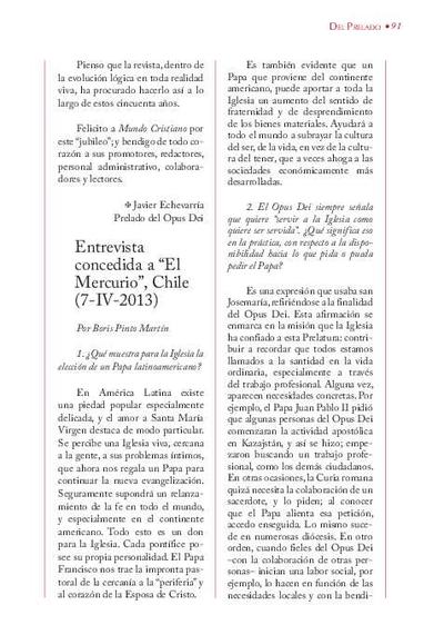 Entrevista [realizada por Boris Pinto Martín] concedida a «El Mercurio», Chile (7-IV-2013). [Artículo de revista]