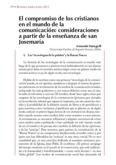 El compromiso de los cristianos en el mundo de la comunicación: consideraciones a partir de la enseñanza de san Josemaría. [Journal Article]