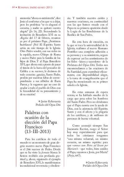 Palabras con ocasión de la elección del Papa Francisco (13-III-2013). [Journal Article]