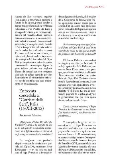 Entrevista concedida al «Corriere della Sera» (15-XII-2013) [Entrevista realizada por Antonio Macaluso]. [Artículo de revista]