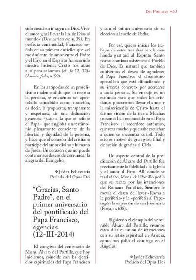 "Gracias, Santo Padre", en el primer aniversario del pontificado del Papa Francisco, agencias (12-III-2014). [Artículo de revista]