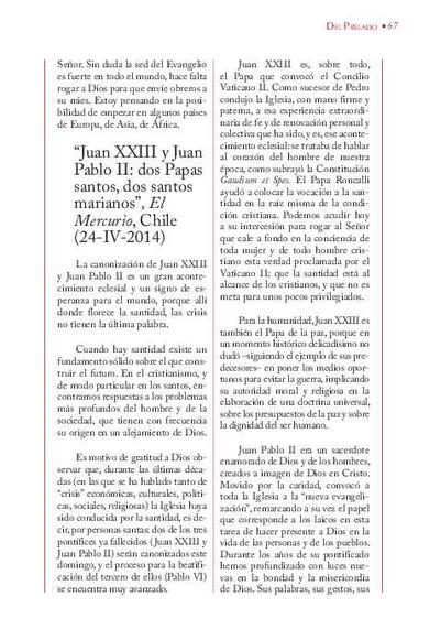"Juan XXIII y Juan Pablo II: dos Papas santos, dos santos marianos", «El Mercurio», Chile (24-IV-2014). [Artículo de revista]