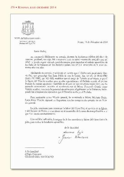 Carta del prelado del Opus Dei a S.S. el Papa Francisco, con motivo de los nombramientos del Vicario Auxiliar y Vicario general (10-XII-2014). [Journal Article]