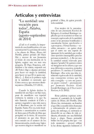 La santidad: una vocación para todos, «Palabra», España (agosto-septiembre de 2014). [Journal Article]