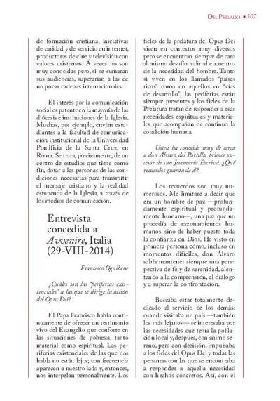 Entrevista [realizada por Francesco Ognibene] concedida a «Avvenire», Italia (29-VII-2014). [Artículo de revista]