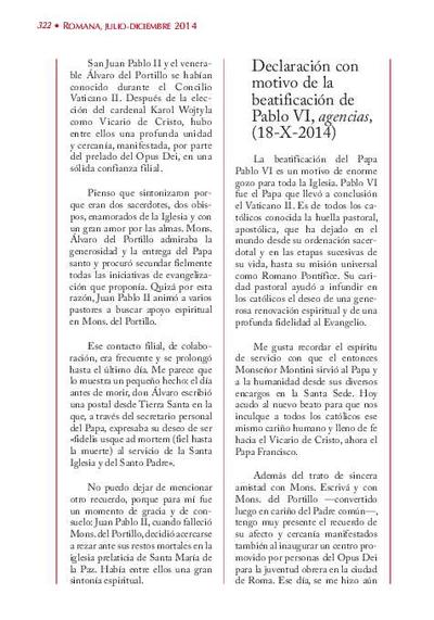 Declaración con motivo de la beatificación de Pablo VI, agencias (18-X-2014). [Journal Article]