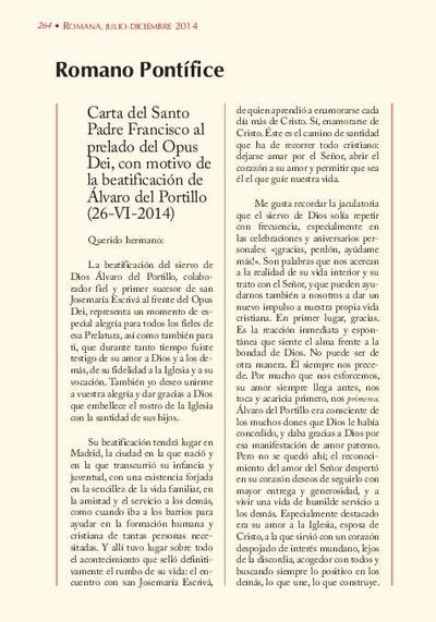 Carta del Santo Padre Francisco al prelado del Opus Dei, con motivo de la beatificación de Álvaro del Portillo (26-VI-2014). [Artículo de revista]