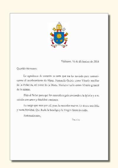 Carta del Santo Padre Francisco al prelado del Opus Dei, con motivo de los nombramientos del Vicario Auxiliar y Vicario general del Opus Dei (16-XII-2014). [Artículo de revista]