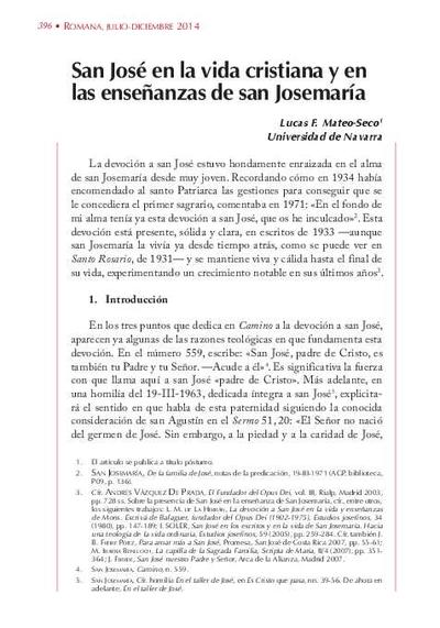 San José en la vida cristiana y en las enseñanzas de san Josemaría. [Journal Article]