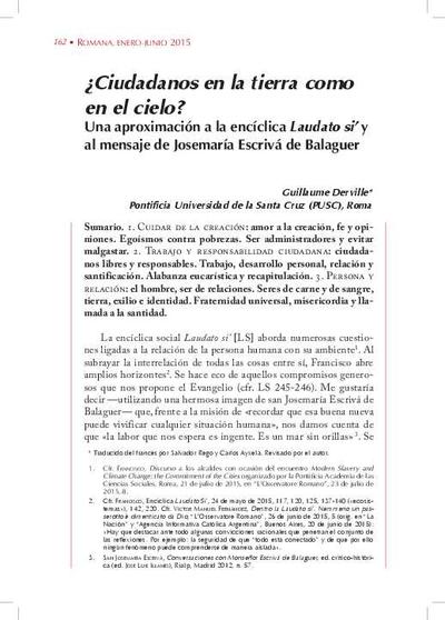¿Ciudadanos en la tierra como en el cielo? Una aproximación a la encíclica 'Laudato si' y al mensaje de Josemaría Escrivá de Balaguer. [Journal Article]