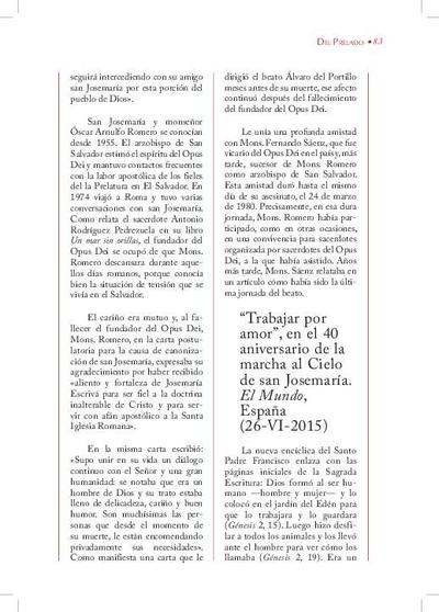 "Trabajar por amor", en el 40 aniversario de la marcha al cielo de san Josemaría «El Mundo», España (26-VI-2015). [Journal Article]