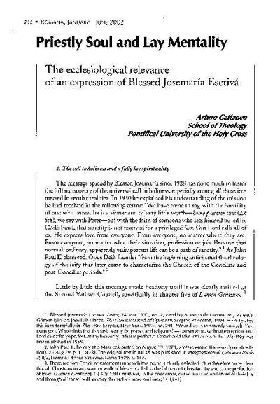 Priestly Soul and Lay Mentality: The ecclesiological relevance of an expression of Blessed Josemaría Escrivá. [Journal Article]
