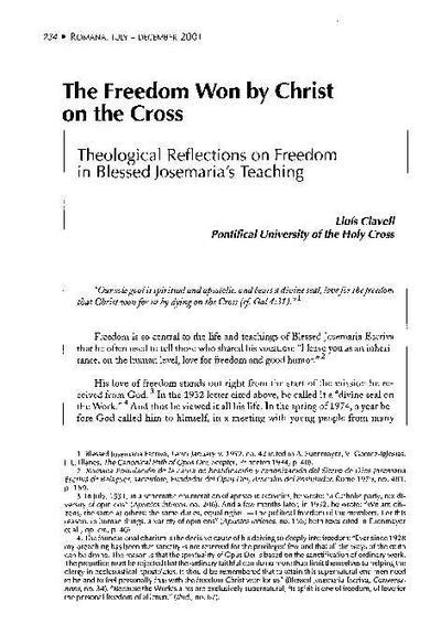 The Freedom Won by Christ on the Cross: Theological Reflections on Freedom in Blessed Josemaria’s Teaching. [Journal Article]