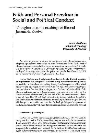 Faith and Personal Freedom in Social and Political Conduct: Thoughts on some teachings of Blessed Josemaria Escriva. [Artículo de revista]