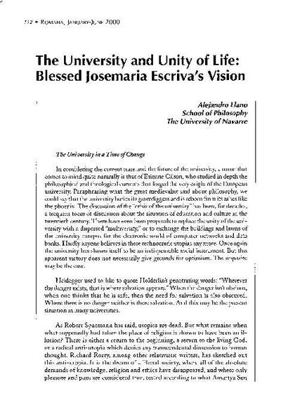 The University and Unity of Life: Blessed Josemaria Escriva’s Vision. [Journal Article]