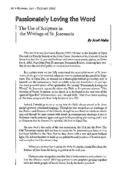 Passionately Loving the Word: The Use of Sacred Scripture in the Writings of Saint Josemaria. [Journal Article]