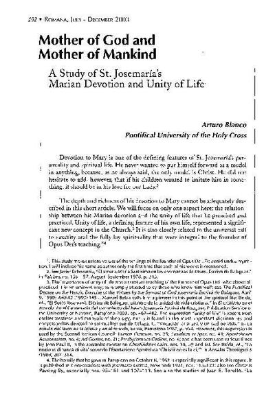 Mother of God and Mother of Mankind: A Study of St. Josemaria’s Marian Devotion and Unity of Life. [Journal Article]