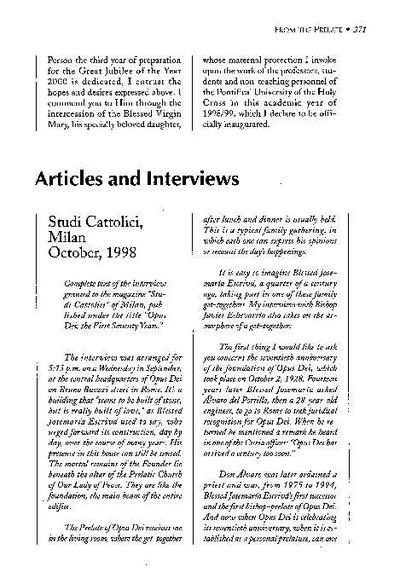 Opus Dei: the First Seventy Years. Interview by Cesare Cavalleri to the magazine «Studi cattolici», Milan (October, 1998). [Artículo de revista]