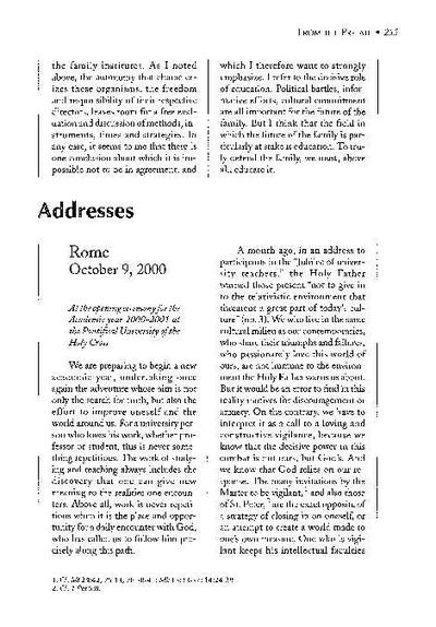 At the opening ceremony for the Academic year 2000-2001 at the Pontifical University of the Holy Cross (October 9, 2000). [Artículo de revista]