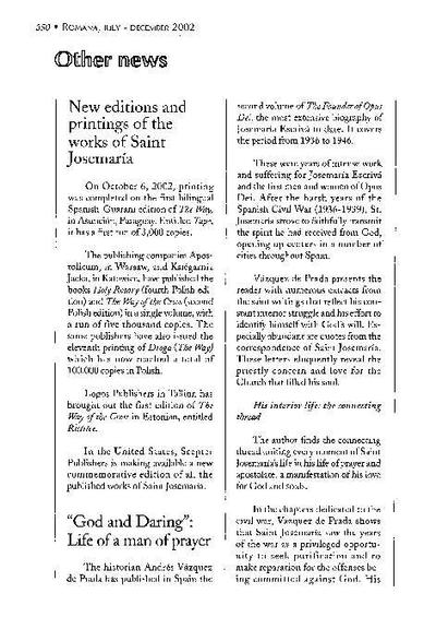 [Recensión sobre: The Founder of Opus Dei: The Life of Josemaria Escriva. II. God and Daring]. [Artículo de revista]