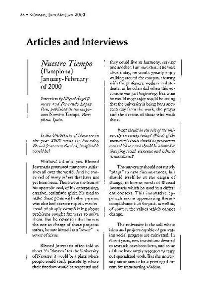 Interviews. «Nuestro Tiempo», Pamplona (January-February of 2000) [Entrevista realizada por Miguel Ángel Jimeno and Fernando López Pan]. [Journal Article]