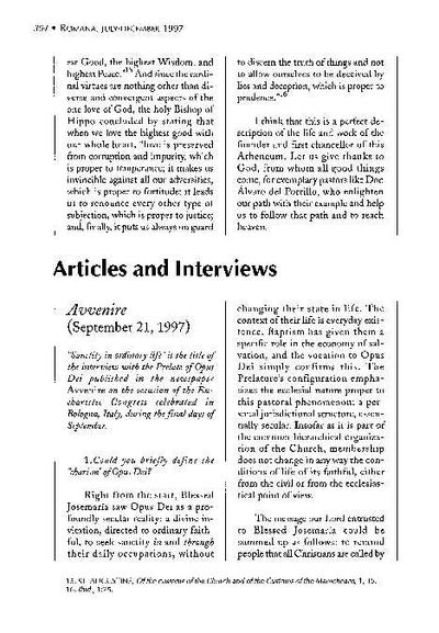 Sanctity in ordinary life. Interview published in the newspaper «Avvenire», Milan (September 21, 1997). [Artículo de revista]