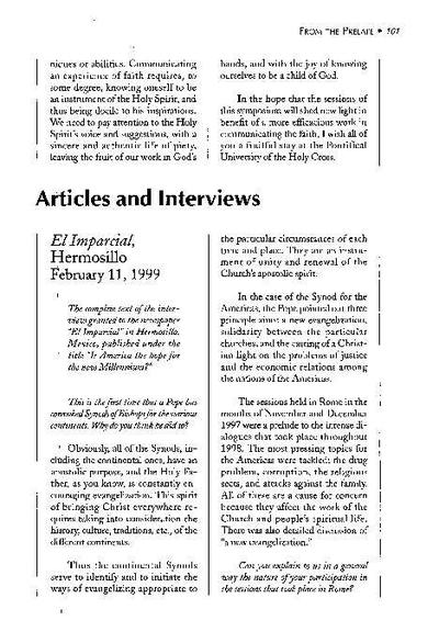 Is America the hope for the new Millennium? Interview granted to newspaper «El Imparcial», Hermosillo, Mexico (February 11, 1999). [Artículo de revista]