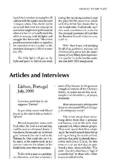 Interview published in the magazine «Christus». Lisbon, Portugal (JuIy, 2000). [Journal Article]