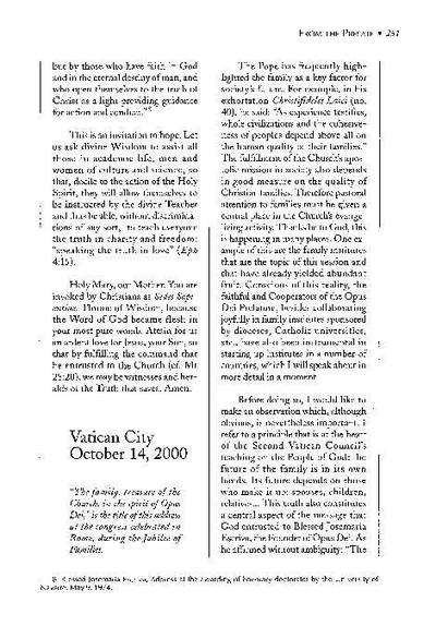 The family, treasure of the Church, in the spirit of Opus Dei, Vatican City (October 14, 2000). [Artículo de revista]