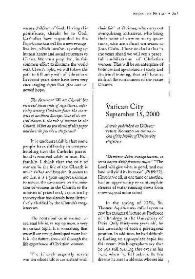 Article published in «L'Osservatore Romano» on the occasion of the Jubilee of University Professors, Vatican City (September 15, 2000). [Artículo de revista]