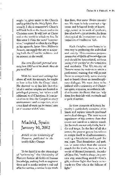 Article published in the weekly «Alfa y Omega», Madrid, Spain (January 10, 2002). [Artículo de revista]