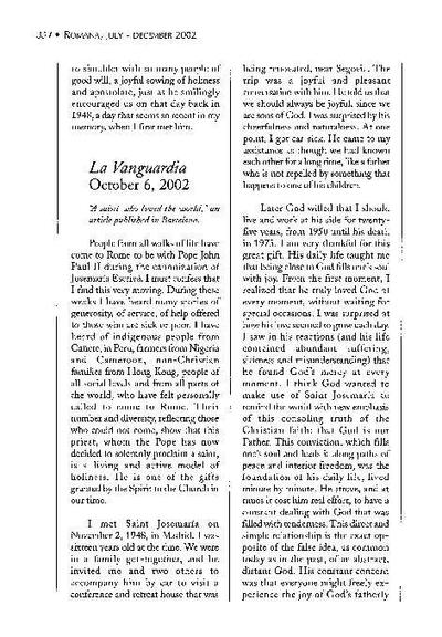 A saint who loved the world. Article published in newspaper «La Vanguardia», Barcelona (October 6, 2002). [Artículo de revista]