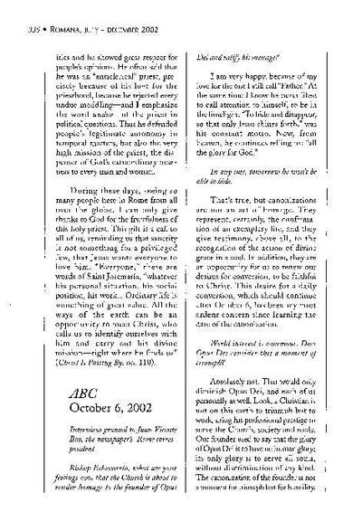 lnterview granted to Juan Vicente Boo, published in newspaper «ABC», Madrid (October 6, 2002). [Journal Article]