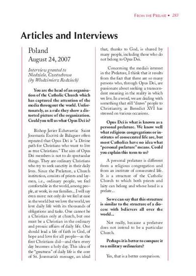 Interview granted to «Niedziela», Czestochowa, Poland (August 24, 2007) [Entrevista realizada por Wlodzimierz Redzioch]. [Artículo de revista]